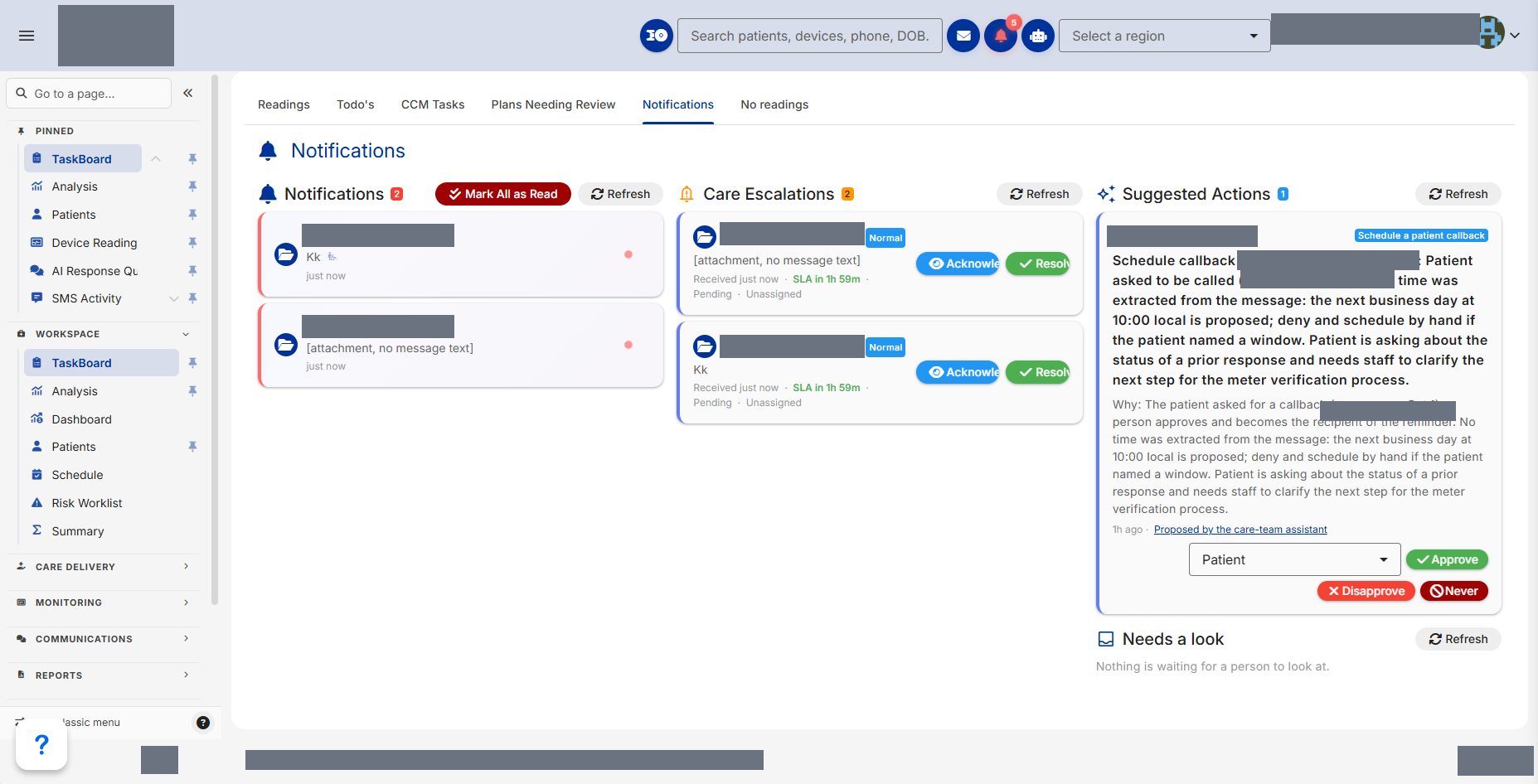 The care team assistant proposing a patient callback, showing its reasoning and the approve, disapprove and never controls a clinician uses to decide