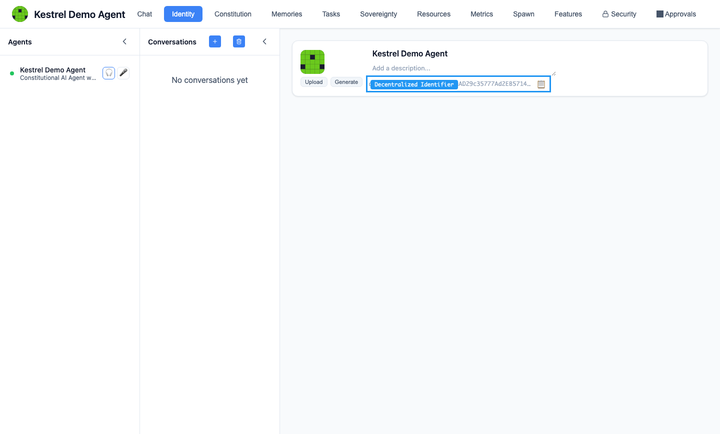 Identity panel showing the agent's did:pkh decentralized identifier