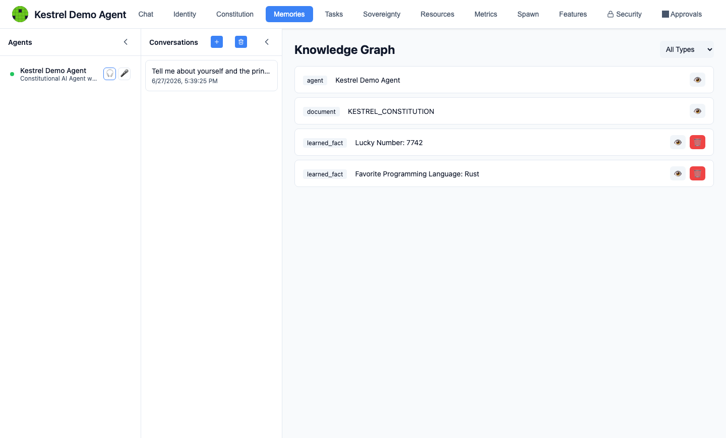 Knowledge graph panel showing typed memory nodes