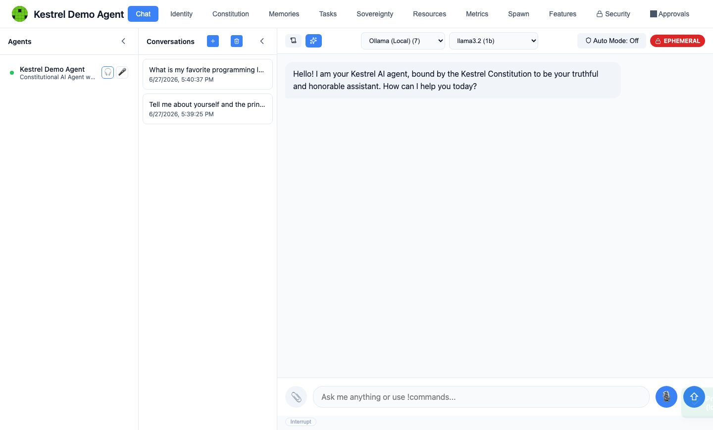 Chat header in EPHEMERAL privacy mode using a local Ollama model