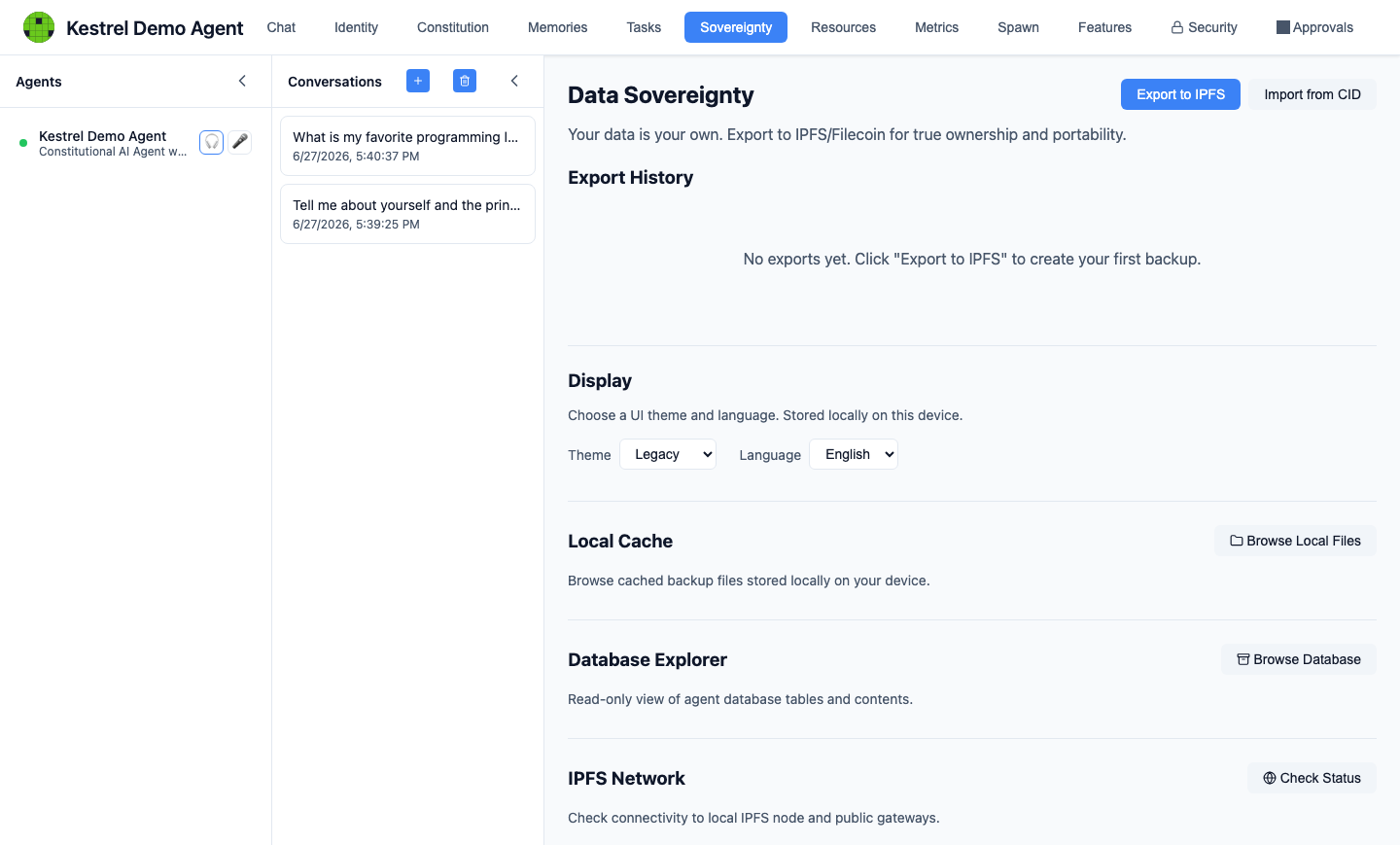 Sovereignty export result — a portable snapshot of the agent